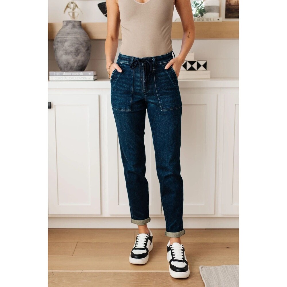 Judy Blue Jogger Jeans Women 16W Blue Dark Wash Drawstring Patch Pockets Stretch